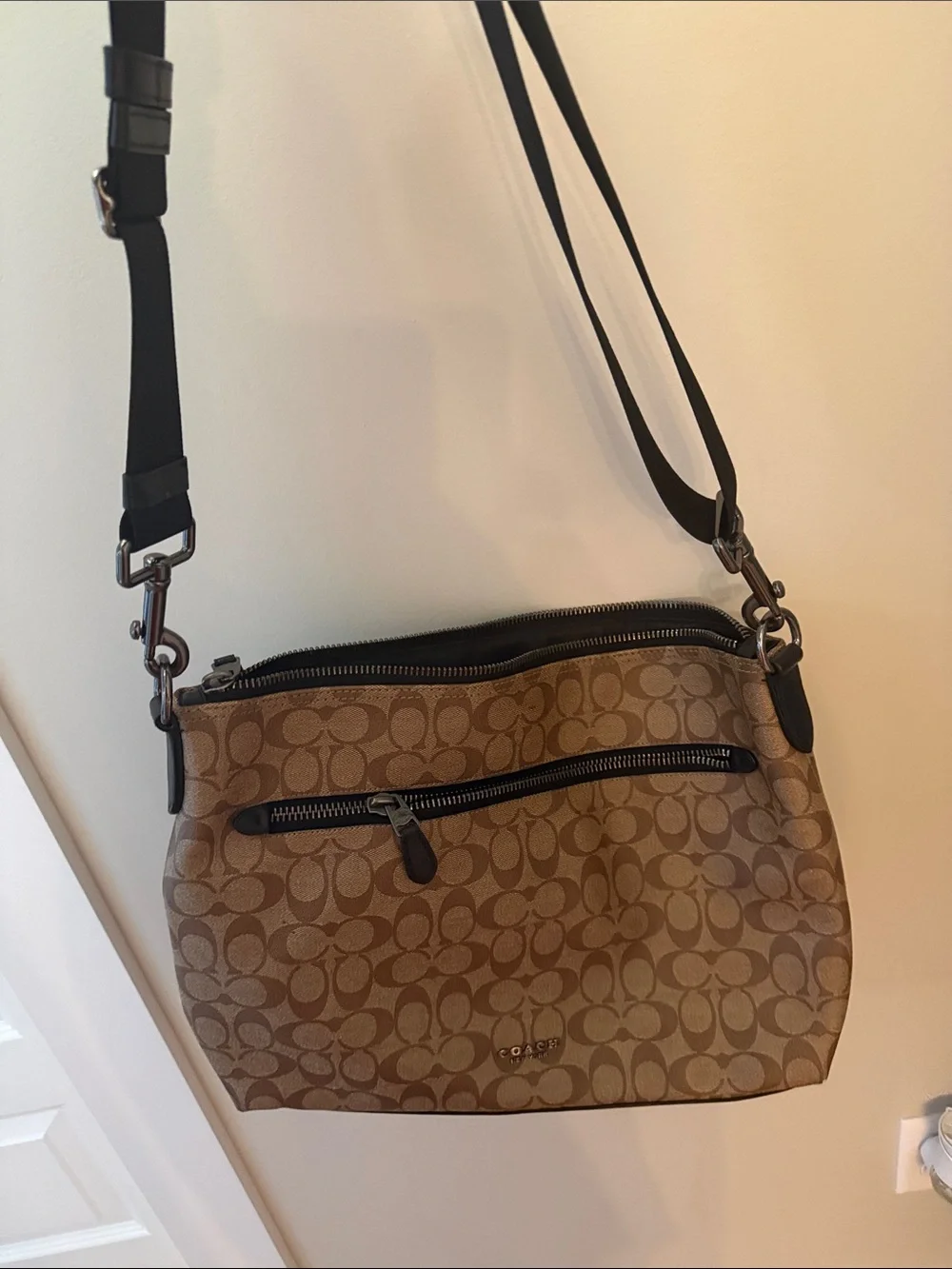 Coach Tan Signature Canvas Crossbody with Black Strap